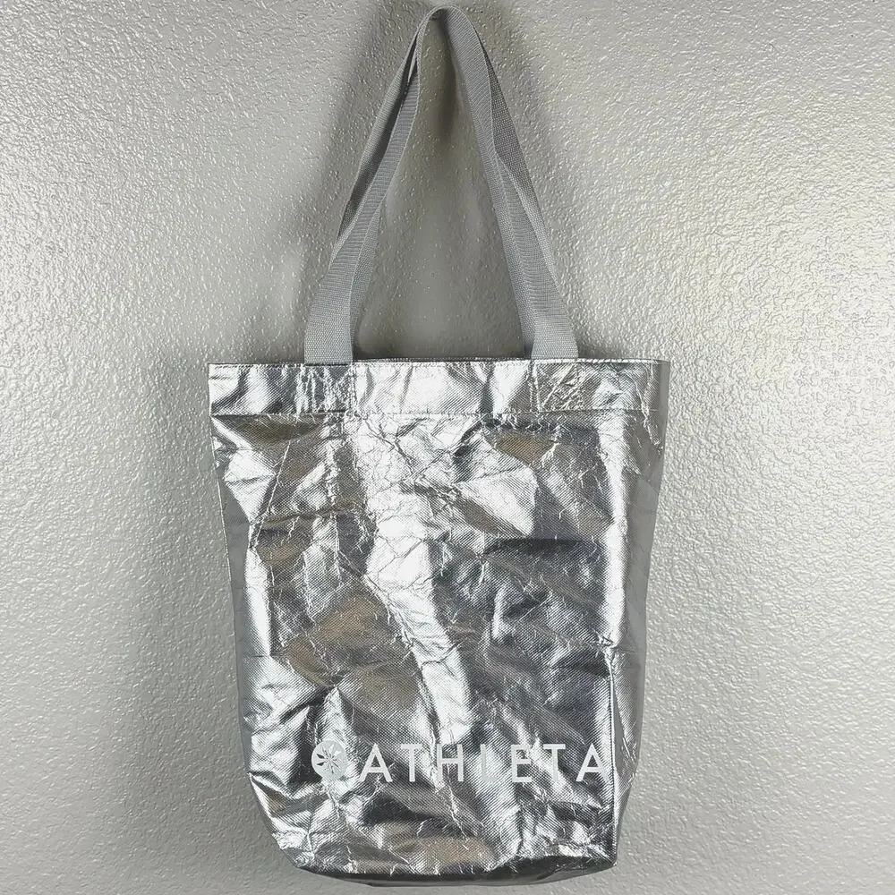 Athleta Silver Shoulder Bag Tote White Logo Grey Straps Recycled Materials
